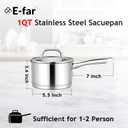 E-far 1 Quart Saucepan with Lid, Stainless Steel Small Sauce Pan Boiling Pot for Cooking, Compatible with All Stoves, Healthy & Non Toxic, Oven & Dishwasher Safe