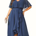 Women Plus Size Long Formal Dress Short Sleeve Chiffon Ruffle V Neck High Low Split Wedding Guest Maxi Dresses,18 W