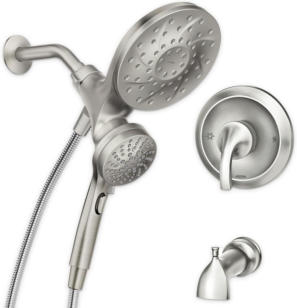 Moen Engage Multi-Function Handshower and Rainfall Shower Head Trim Combo with Handle, Tub Spout, Metal Hose and Valve, Brushed Nickel, 82304SRN