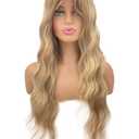 JOLNVCA Long Wavy Wig Ombre Blonde Wig with Bangs for Women Lace Hairline Synthetic Heat Resistant Fiber Middle Part Natural Looking Daily Cosplay Party 26 inch