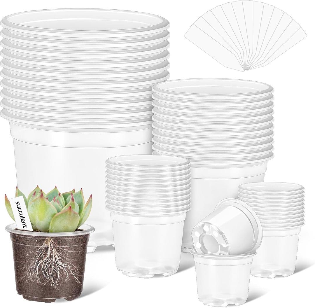 VOKOY 40 Pack 5/4/3/2.75 Inch Clear Nursery Pots with 40 Plant Labels, Clear Plant Pots with Drainage Hole Plastic Transparent Variety Pack Garden Flower Seedling Pot Small Planter Containers