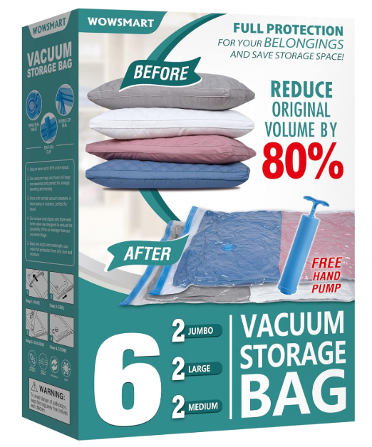 6 Pack Vacuum Storage Bags with Hand Pump, 80% Space Saver Vacuum Seal Storage Bags for Clothing, Travel Lugggage, Blankets, Comforters