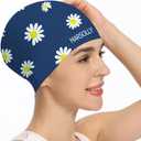 Silicone Swim Cap for Women, Waterproof Long Hair Swimming Caps with Flower Printed (Navy)