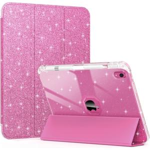 Case for iPad (A16) 11th Generation 11 Inch 2025, iPad 10th Generation 10.9 Inch 2022, Glitter Leather & Shiny Clear TPU Back Cover with Pencil Holder, Support Touch ID, Rosepink