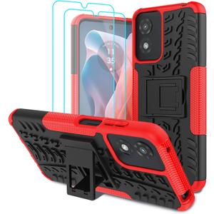 for Moto G Play 2024 Case with 2 Pack Screen Protector,Military Grade Shockproof, Heavy Duty Robust Bumper Cover with Kickstand for Motorola G Play 2024 Phone Red