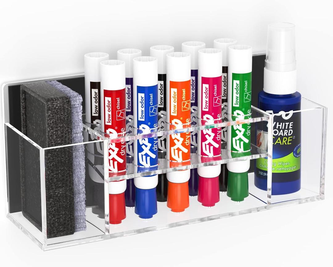 HBlife Acrylic Magnetic Dry Erase Marker Holder for Whiteboard, Wall Mount 10 Slots Magnet Pen Pencil Holder for Fridge Refrigerator, Locker Organizer Accessories for School Classroom Office, Clear (Large)