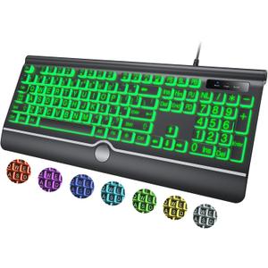 Large Print Backlit Computer Keyboard, 7-Color Backlit Keyboard with Wrist Rest, USB Plug-and-Play, Oversize Letters Keys Easy to See and Type, Wired Light Up Keyboards for Laptop, PC, Gaming