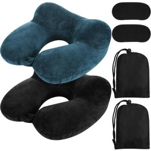 Sintuff 2 Pack Inflatable Travel Pillow for Airplanes Inflatable Neck Flight Pillows with Compact Bag and Blindfold for Traveling, Airplane, Train, Car, Office(Peacock Green and Black)