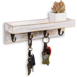 MyGift 10 Inch Floating Wall Shelf with Hooks, Whitewashed Wood Entryway Storage Shelf with 4 Metal Key Hooks