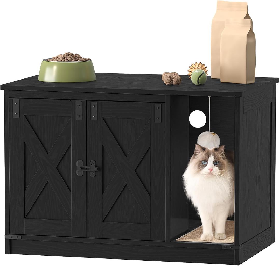Hzuaneri Cat Litter Box Enclosure, Hidden Litter Box Cabinet Furniture with Bell, Indoor Cat House, Farmhouse Style, 31.5 x 19.7 x 20.9Inches, for Hallway, Bedroom, Black CB82404X