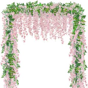 Sggvecsy 6Pcs Wisteria Garland Artificial Flowers Garland Fake Hanging Wisteria Vines Rattan Silk Hanging Flower Vines for Home Garden Outdoor Wedding Arch Party Ceremony Total 35.4Ft (Pink)