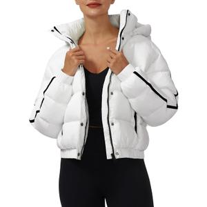 Pioneer Camp Women's Winter Cropped Puffer Jacket with Hood Waterproof Short Warm Quilted Jacket Puffy Bubble Coat Outerwear (Medium, White)