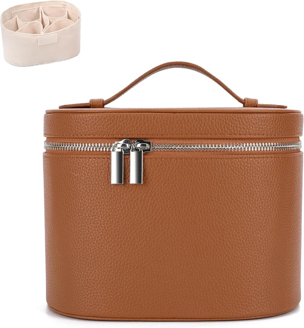 Leather Make Up Bags With Compartments, Brown travel Cosmetic Bags for Women, Parallel Makeup Travel Bags Organizer Equipped With a Detachable Divider, Brown