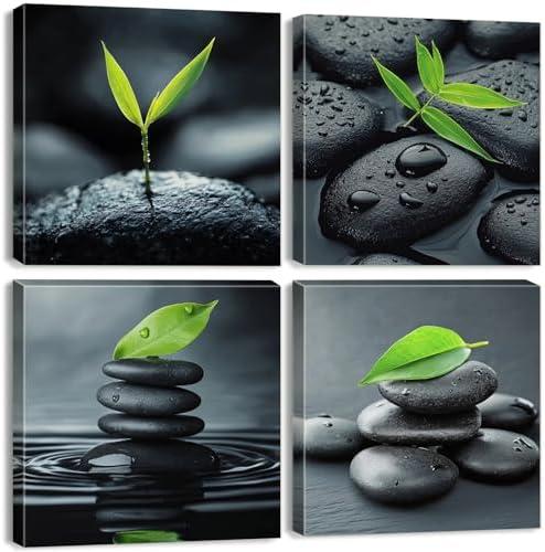 Zen Wall Art Black Pebble Stone in Water Pictures Bathroom Wall Decor Green Plant Bamboo Leaves Prints Meditation Living Room Canvas Calming Still Life Modern Artwork Bedroom Home Decoration 12x12" 4P