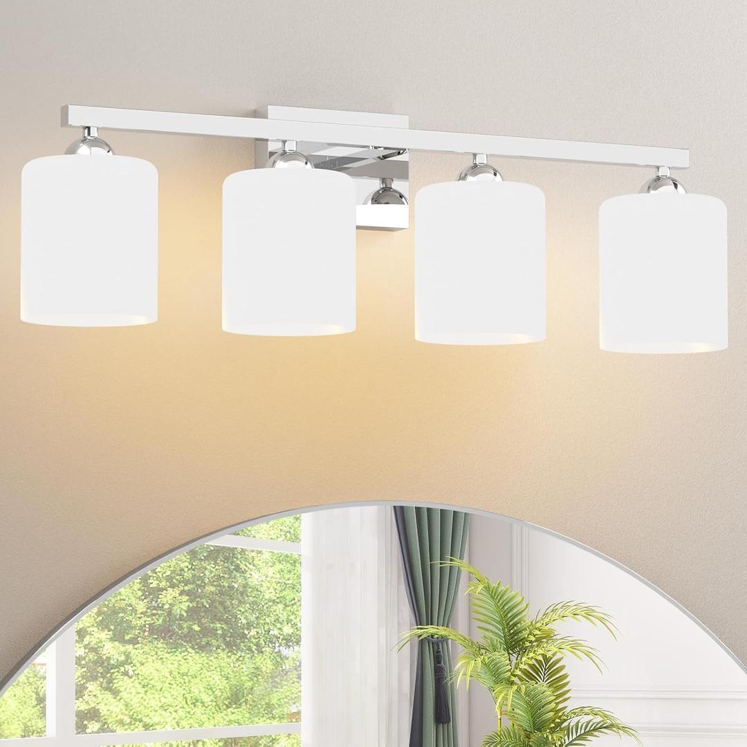 Quntis Chrome Bathroom Light Fixtures Over Mirror 5 Colors Adjustable, 4-Light LED Bathroom Vanity Lighting with Milky White Frosted Glass Shade, Energy-Saving LED Vanity Light 28.3 inch