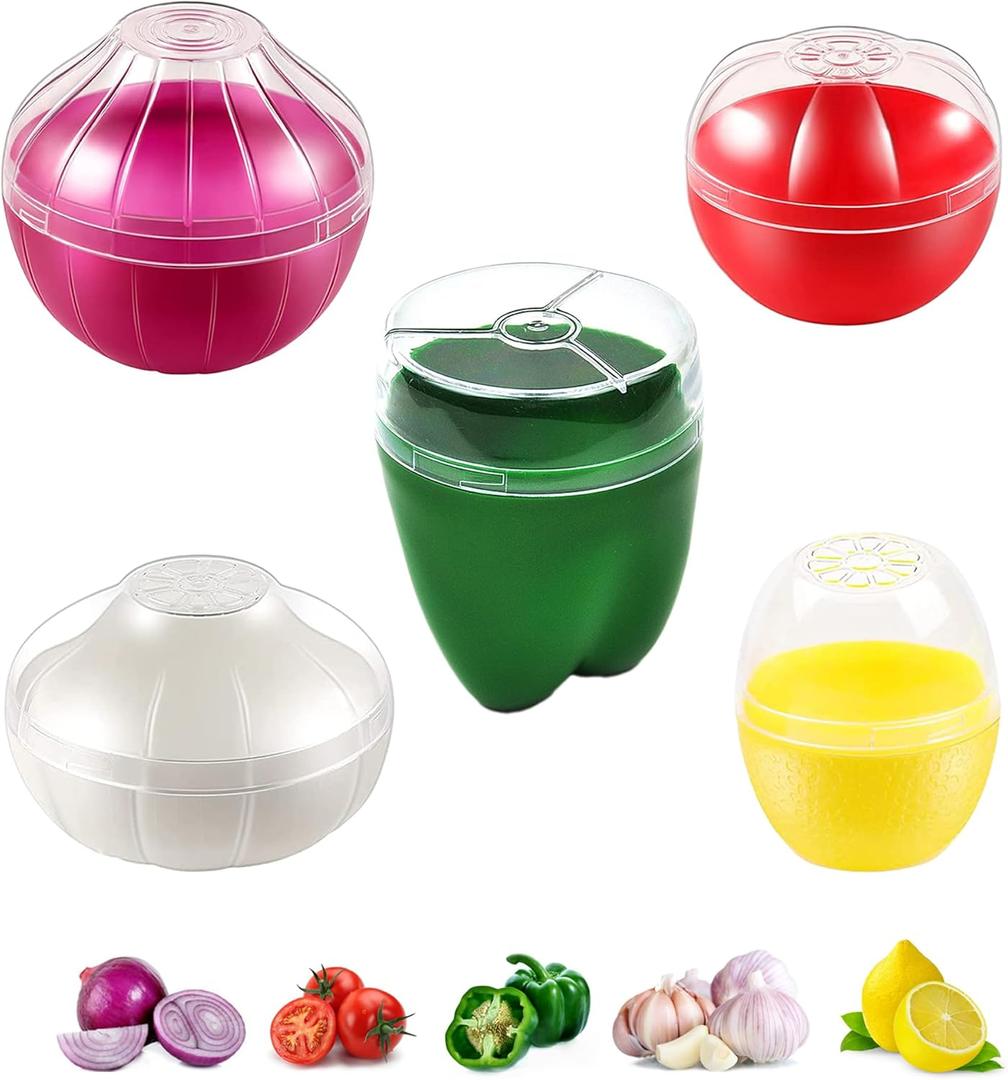 5PCS Fruit and Vegetable Shaped Savers Storage Onion Tomato Lemon Green Pepper and Garlic Containers for Fridge Vegetable Crisper Makes Food Stays Fresh Longer