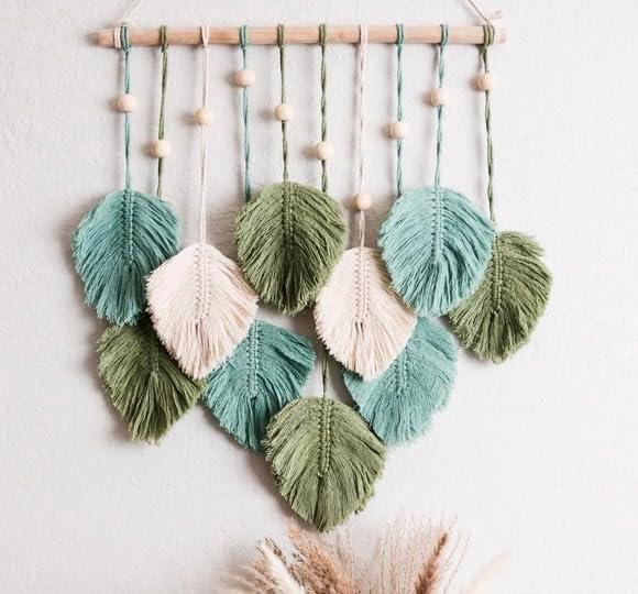 SnugLife Macrame Wall Hanging Leaves - Large Chic Feather Boho Decor, Handmade Yarn Woven Art Leaf Tapestry for Nursery, Bedroom, Living Room, 17 X 22 Inch (Green, Sage Green & Beige)
