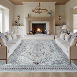 Maxsoft 8x10 Area Rug,Vintage Machine Washable Rugs for Living Room, Soft Non-Slip Low Pile Rug, Stain Resistant Rugs for Kitchen, Bedroom, Dining Room,Laundry Room,Nursery (Beige Blue)