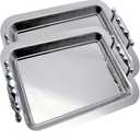 (Pack of 2) 14.2 Inch x 10.2 Inch Oblong Chrome Plated Mirror Serving Tray with Handles Stylish Design Floral Engraved Edge Decorative Party Wedding Buffet Wine Platter Plate