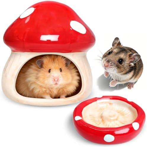 BNOSDM Ceramic Hamster Hideout and Food Bowl Set Cute Mushroom Shape Hamster House and Habitat Cool Hamsters Hide Suitable for Syrian, Mice, Dwarf Hamsters, Gerbils (Red)