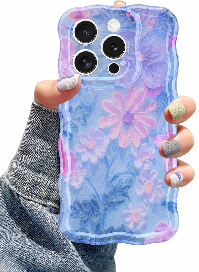 Jusy Compatible with iPhone 11 Pro Max, Colorful Retro Oil Painting Printed Flower Laser Glossy Pattern Cute Curly Wave Phone Case Soft TPU Cover for Girly Women - Blue Pink 