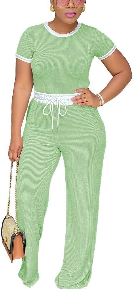 HTD Womens 2 Piece Outfits Casual Sweatsuits Set Short Sleeve Matching Sets Tracksuit (Large, Green)