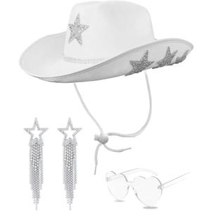 White Cowgirl Hat with Heart Sunglasses - Cowboy Hat with Glitter Star Fits Women for Bachelorette Themed Party