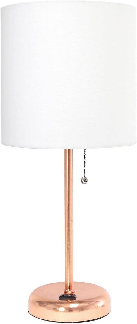 Oslo 19.5" Contemporary Bedside Power Outlet Base Standard Metal Table Desk Lamp in Rose Gold with White Drum Fabric Shade