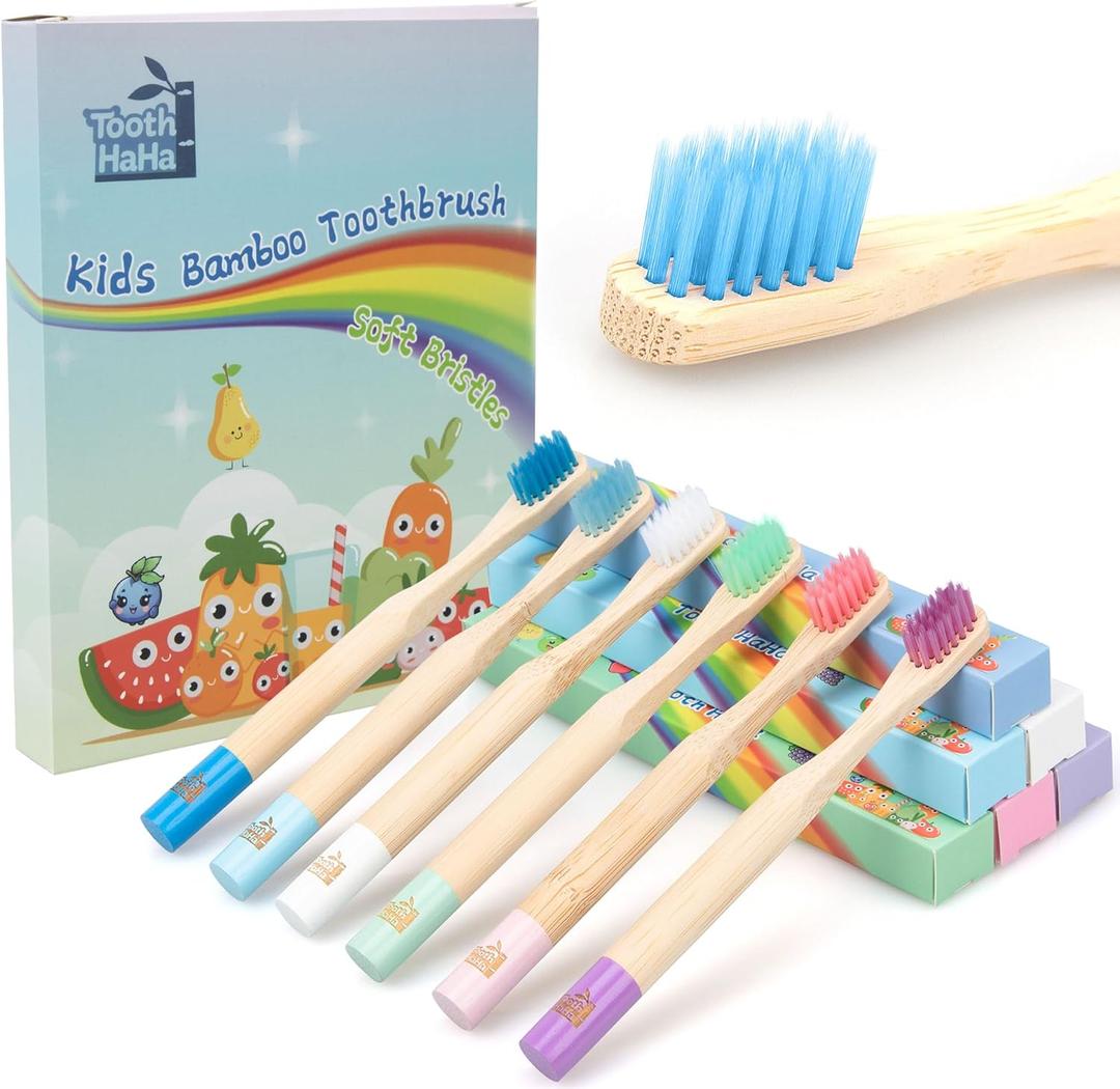 Kids Bamboo Toothbrushes, BPA-Free Soft Bristles, Eco-Friendly Natural Wooden Toddler Toothbrush, 6-Pack Travel Toothbrushes Set for Children