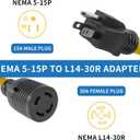 NEMA 5-15P to L14-30R Generator Adapter Cord, Heavy Duty 10AWG Power Extension Cable, ETL Listed Twist Lock Plug, Household 15Amp 3Prong Male to 30Amp 4Prong Locking Female