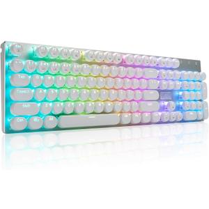 HUO JI E-Yooso Z-88 Wired Typewriter Style Mechanical Gaming Keyboard, Programmable RGB Backlit, Blue Switches - Clicky, USB-C Cable, Metal Panel, 104 Double-Shot Keycaps for PC, White