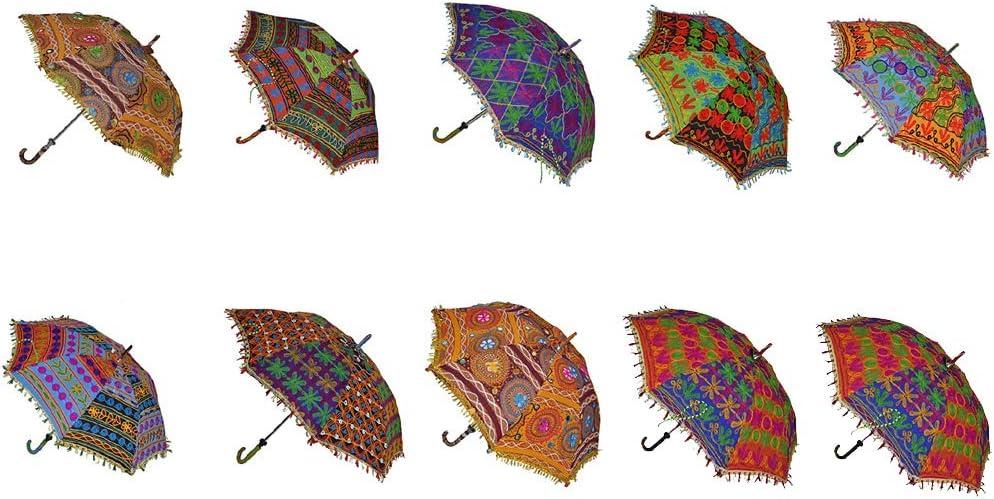 Indian Handmade Designer Cotton Fashion Multi Colored Umbrella Embroidery Boho Umbrellas Parasol 10 Pcs Lot, 25 Inches