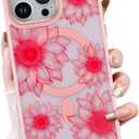 OOK Pink Case Design for iPhone 15 Pro Case [Compatible with MagSafe], Cute Sunflower Floral Blooms Design Frosted Shockproof for Women Girls Magnetic Phone Cover - Pink Flower