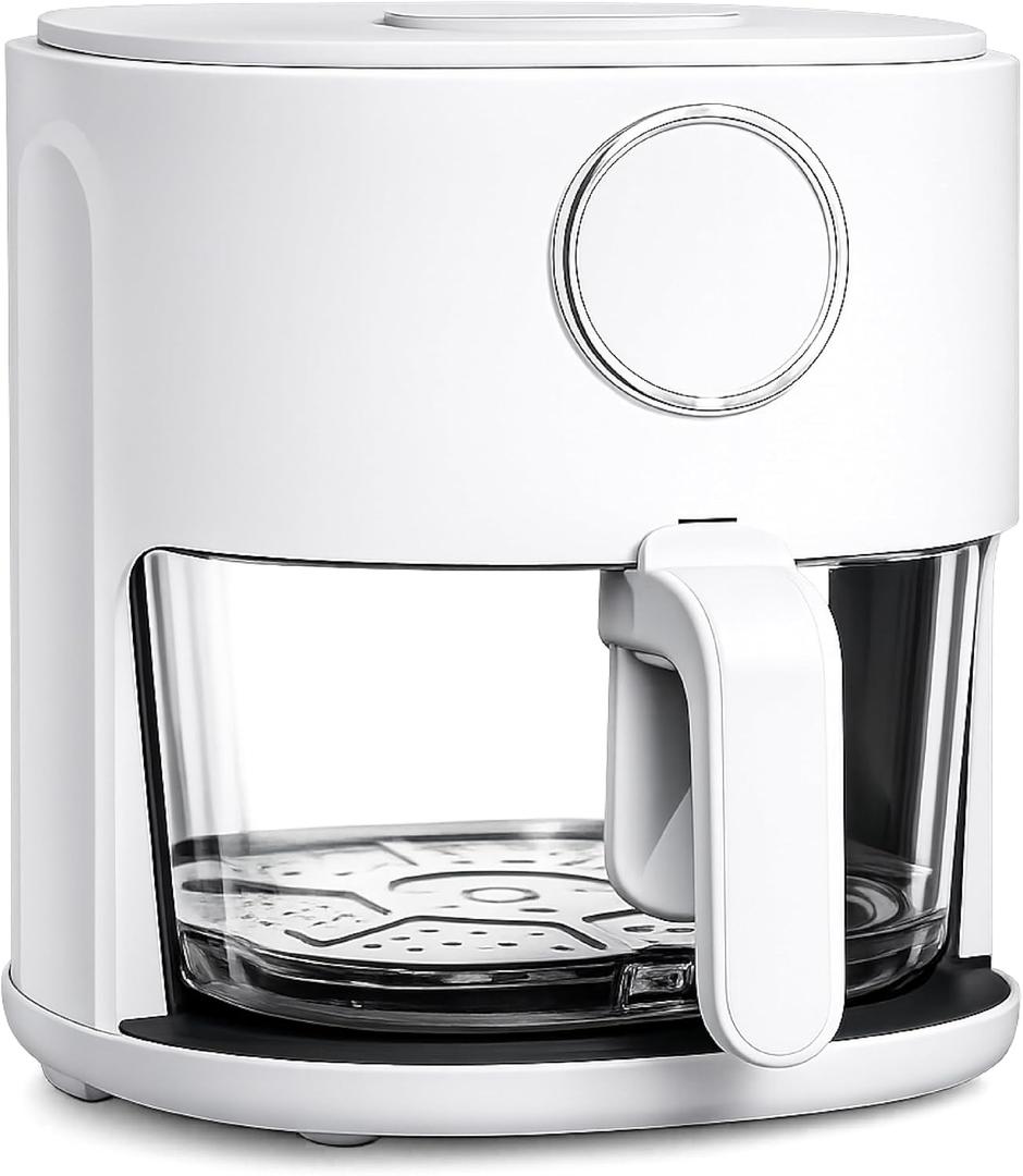 COOK WITH COLOR Colorful 1200W 4Qt Air Fryer: Glass Basket, Dishwasher Safe, 60min Timer, 6 Presets, Temp Control 175F-400F, 4 QT, Linen White, Medium
