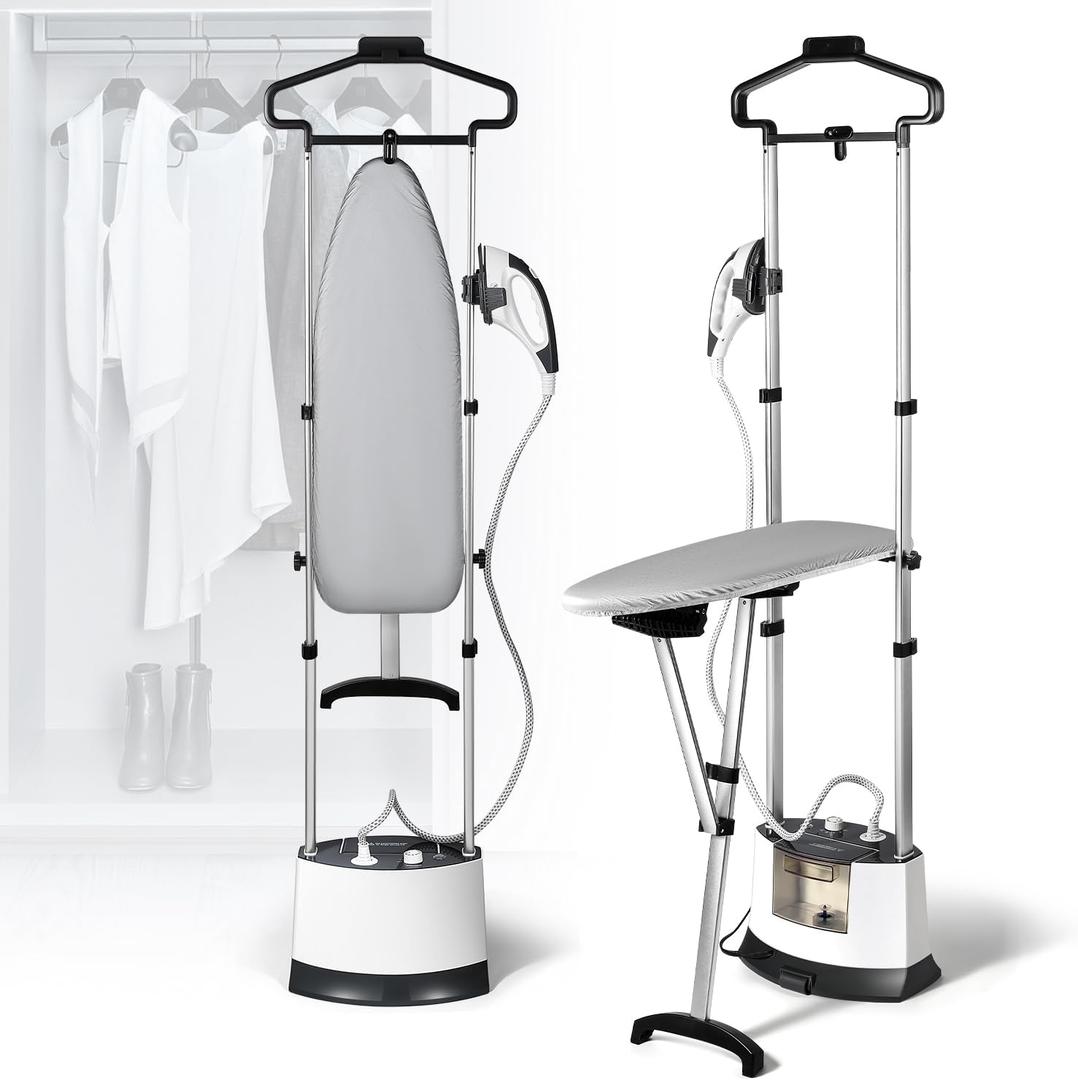Standing Garment Steamer, 1500W Upgraded Steamer for Clothes Rapid Heats in 25s for 1 Hour Steam, 1.6L Water Tank, Self-Cleaning, Dual-Protection Tech, Ironing Board, Hanger, Gloves