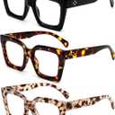 REAVEE 3 Pack Thick Frame Oversized Reading Glasses for Women Blue Light Blocking Computer stylish Readers with Spring Hinge (Black + Tortoise + Brown Tortoise)