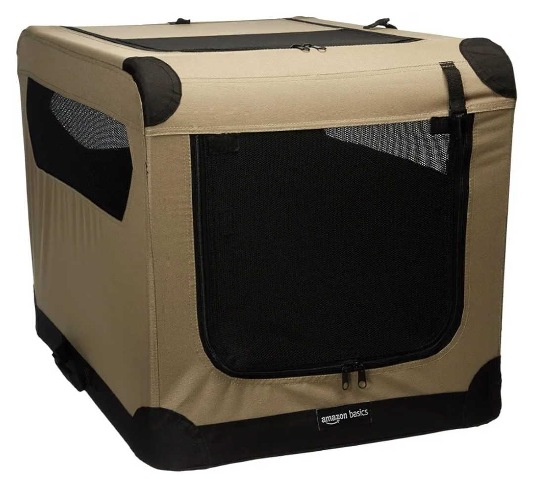 Amazon Basics Portable Folding Soft Dog Crate, Double Door, Collapsible Travel Kennel, Easy to Assemble, Medium, 29.92" x 21.3" x 21.3", Tan