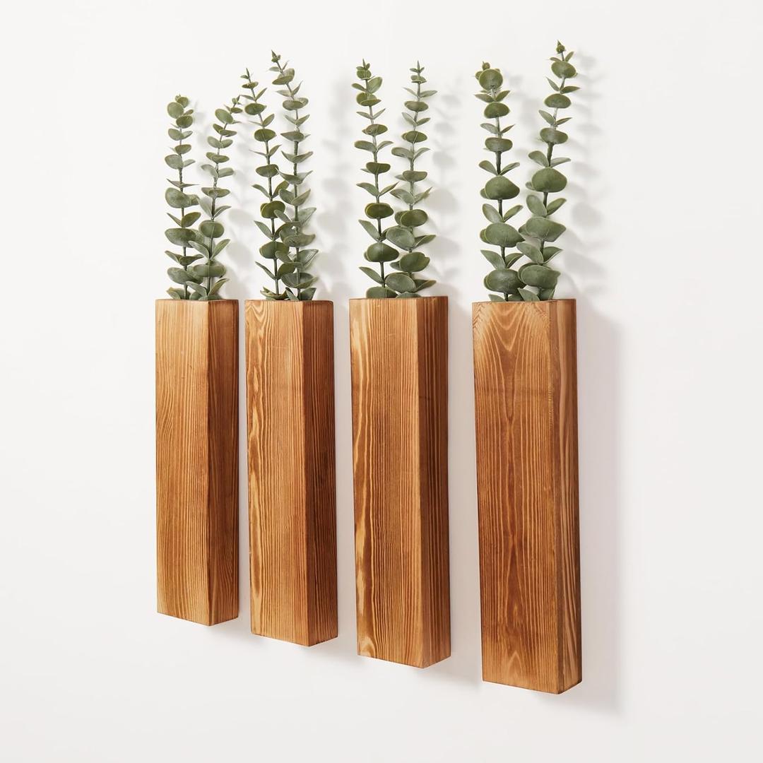 4-Pack Wood Wall Planters with 8 Removable Faux Eucalyptus Stems - Modern Farmhouse Wall Decor for Living Room, Bedroom, Bathroom - Wooden Wall Vases and Fake Eucalyptus for Home Office Decor