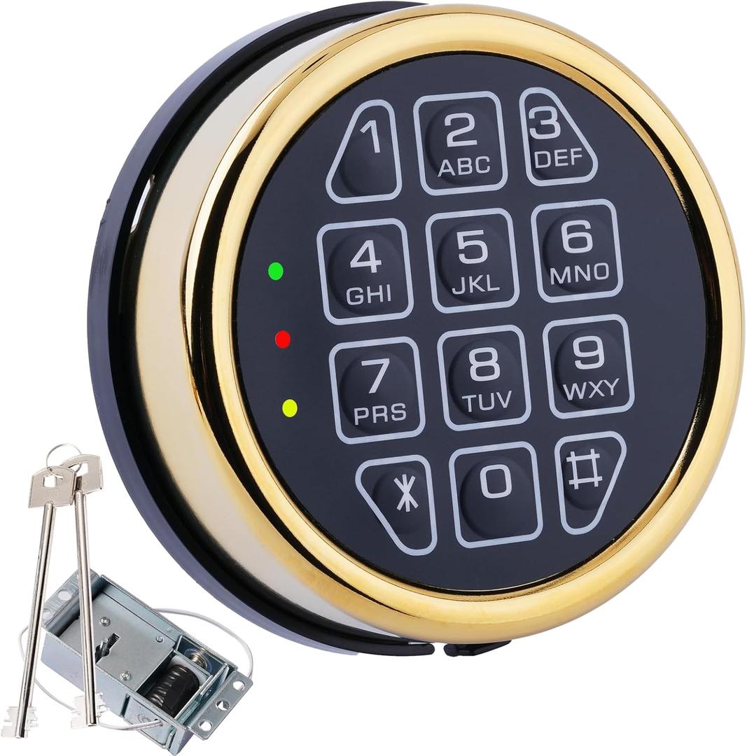 Gun Safe Lock Replacement Solenoid Lock with 2 Override Keys, Upgrade Golden Digital Keypad DIY Safe Electronic for Fireproof Safe Box