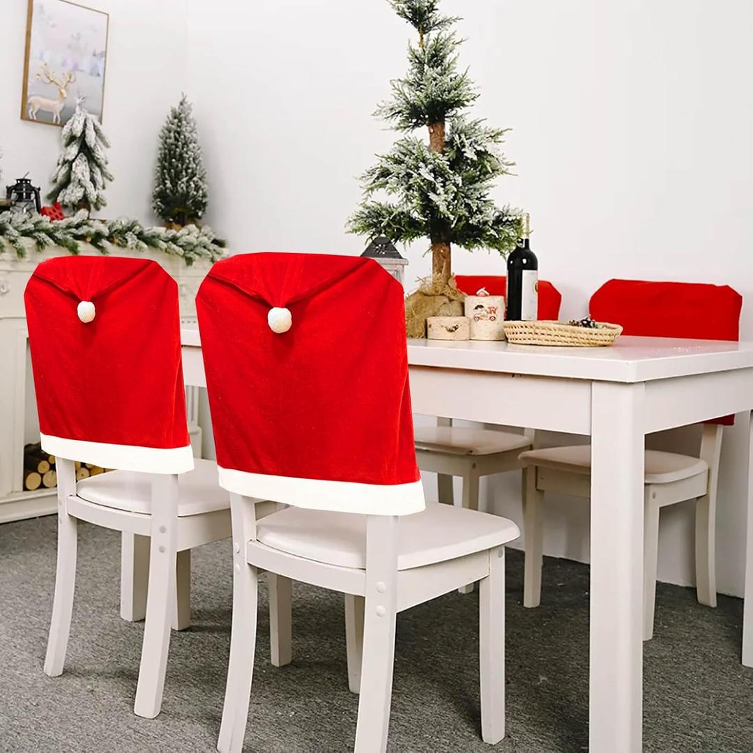 Christmas Chair Covers Set of 4,Red and White Santa Claus Hat Chair Back Covers for Xmas Holiday Festival Indoor Kitchen Bar Counter Stools Decorations Dining Room Table Decor