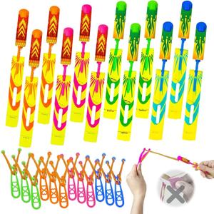 24 Pcs Slingshot Flying with LED Lights, 12Pcs Helicopters and 12Pcs Slingshots Glow in The Dark Rocket Launcher Toys Summer Camping Outdoor Light up Night Toys Party Favors for Kids 4-8-12