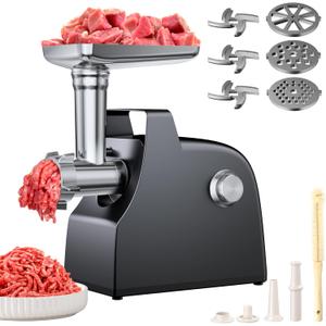 Upgraded Electric Meat Grinder, 3000W Max Home Kitchen Meat Grinder with Handle, Meat Grinder Heavy Duty with 3 Blades and 3 Grinder Plates, Sausage Stuffer Tubes & Kubbe Kit, Black