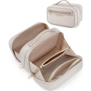 BAGSMART Travel Makeup Bag Large Capacity Cosmetic Bag, Wide-open Portable Make Up Bag Organizer for Women for Travel Essentials Travel-Size Toiletries Accessories Bottles, Brushes (Warm Gray)