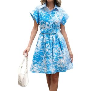 Women's Button Down Shirt Dress Floral Printed V-Neck Turn Down Short Sleeve Mini Casual Trench Coat Formal Blue, Medium