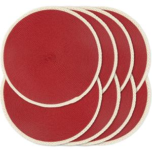 Noctiflorous Round Placemats Set of 8, 15 Inch Braided Hand Woven Table Mats, Heat Resistant Non-Slip Wipeable Thin Edge Place Mats for Kitchen Dining Indoor Outdoor Use(Red, 8)