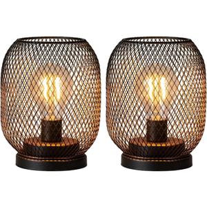 DECORKEY Set of 2 Battery Operated Lamp LED Table Lantern, Brown Metal Cage Cordless Lamps with LED BulbVintage Decorative Outdoor Lantern for Weddings, Parties, Patio, Events for Indoors Shelf Decor