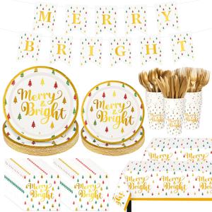 Baderke 195 Pcs Christmas Party Supplies Merry Bright Disposable Tableware Set Gold Christmas Plates Tablecloth Banner Napkins Cups Forks Knife Spoon Friendsmas Xmas Holiday Decorations for 24 Guests