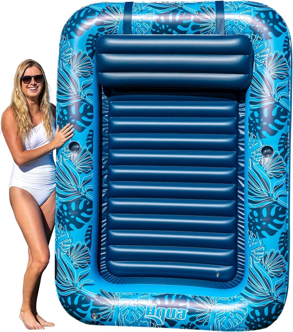 Aqua Inflatable Tanning Pool Lounger  Extra Large (80 x 56 in)  Premium Pool Float with Cupholders and Removeable Pillow for Relaxation and Fun, Blue Palms Pattern