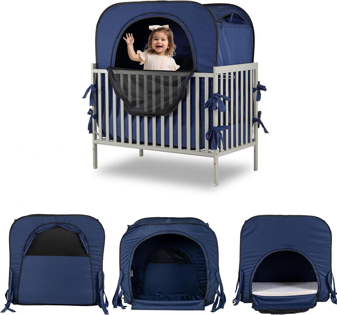 Poray Pop up Baby Privacy Bed Tent Sleeping Crib Tent Cover for Toddler,Blocks 80% Light with Monitor and Fan Pouch Design with Zipper Doors,Breathable Mesh Windows, Large