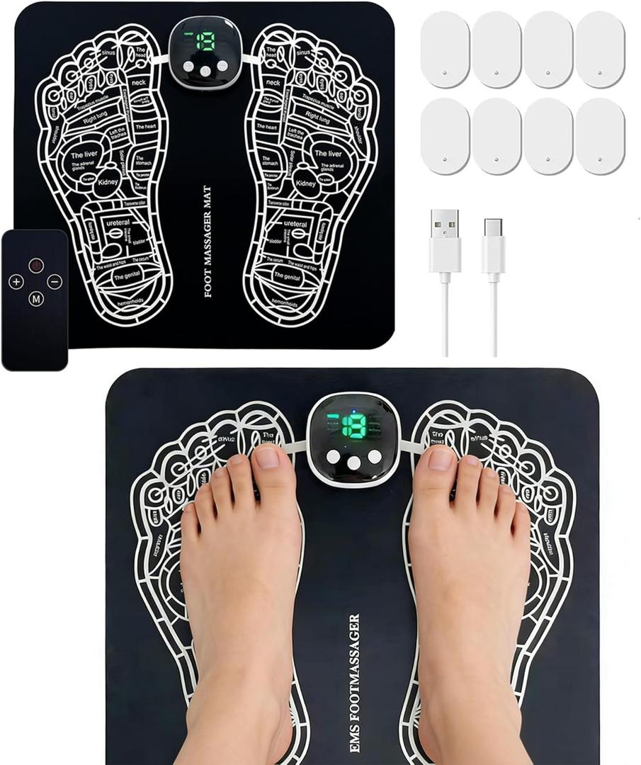 Rechargeable TENS & EMS Foot Stimulator for Pain Relief & Circulation, Cordless Electric Foot Massage Pad with 10 Modes 20 Intensities, LCD Remote Control, Home Use for Women & Men (Black)